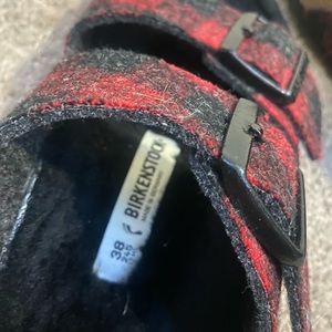 Birkenstock Buffalo plaid fuzzy sandals